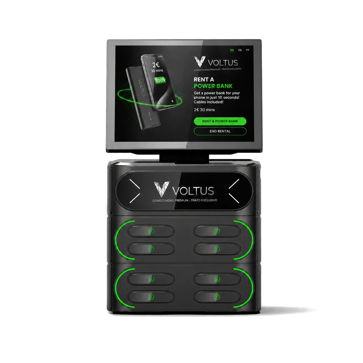 Estación VOLTUS Compact 8 — 8 baterías, sobremostrador con pantalla