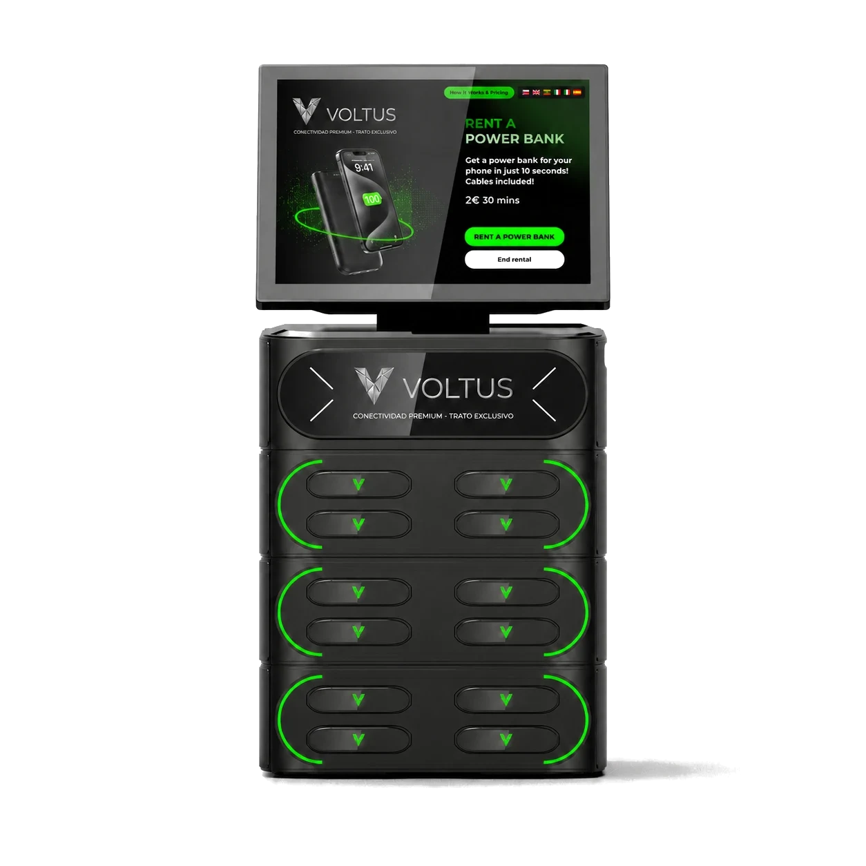 Estación VOLTUS Connect 12 — 12 baterías, sobremostrador con pantalla